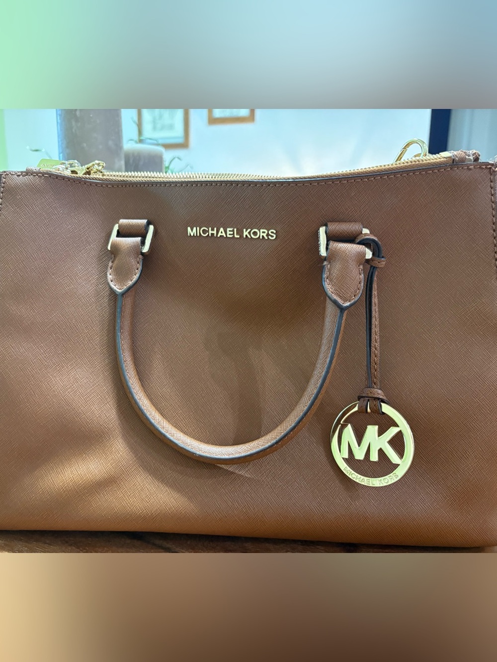 Michael Kors Cognac Saffiano Leather Satchel with Gold Hardware
